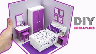 DIY Miniature Dollhouse Room 9 Purple Bedroom  Manilature [upl. by Kcirded]